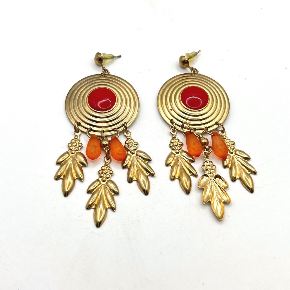 Vintage Gold Tone Dangle Earrings Red Enamel Orange Bead Leaf Charms Boho